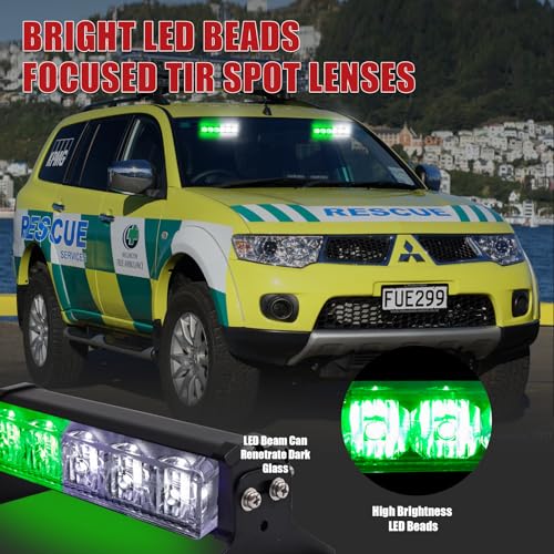 2X 6.1 inch Emergency Strobe Lights Green White 12 LED Warning Flashing Safety Dash Side/Front/Rear Windshield Lights Grill Surface Mount forVolunteer Firefighter Vehicles POV Trucks Car... - color: Green/White
