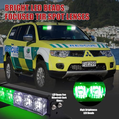 2X 6.1 inch Emergency Strobe Lights Green White 12 LED Warning Flashing Safety Dash Side/Front/Rear Windshield Lights Grill Surface Mount forVolunteer Firefighter Vehicles POV Trucks Car... - color: Green/White
