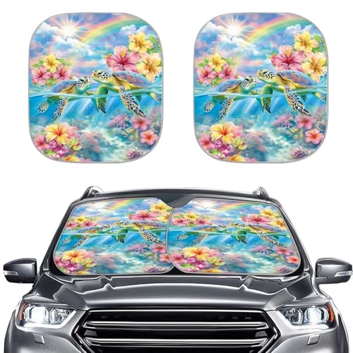 Floral Turtle Car Front Windshield Sun Shade Foldable 2pcs Auto Sunshade Vehicles Sun Visor Portable Heat Reflector Keep Your Vehicle Cool Universal for Cars - color: Floral Sea Turtle