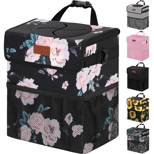 Vankor Car Trash Can for Car Cute,Bag Bin Hanging Waterproof Automotive Garbage Cans Leak Proof Vehicle Trash Can Black Floral - color: Black Floral, size: 2.2 Gallons