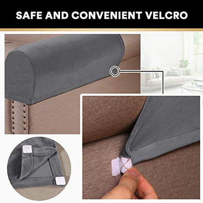 PrinceDeco 4 Pack Thick Velvet Stretch Armrest Covers for Chairs, Sofas & Armchairs - Non Slip, Grey - color: Grey