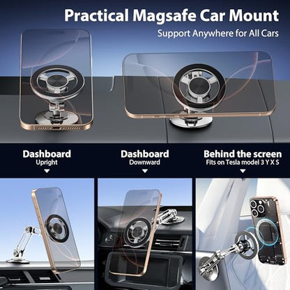 Ultra Magnetic Long-Arm Phone Holder Stand, Fits for MagSafe Car Mount Bracket【Windshield+Vent+Dash】, 360° Rotation Adjustable Strong Magnet Car Mount Desk Office Phone Cradle Holder, Silver - color: Silver