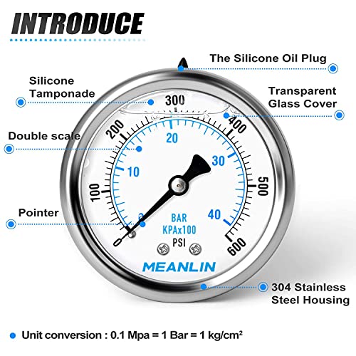 MEANLIN MEASURE 0~600Psi Stainless Steel 1/4" NPT 2.5" FACE DIAL Liquid Filled Pressure Gauge WOG Water Oil Air Center Back Mount, with 1/2" NPT and 3/8" NPT Hex Bushing - size: 0-600Psi