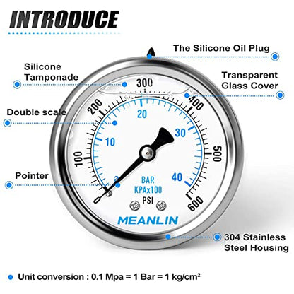 MEANLIN MEASURE 0~600Psi Stainless Steel 1/4" NPT 2.5" FACE DIAL Liquid Filled Pressure Gauge WOG Water Oil Air Center Back Mount, with 1/2" NPT and 3/8" NPT Hex Bushing - size: 0-600Psi