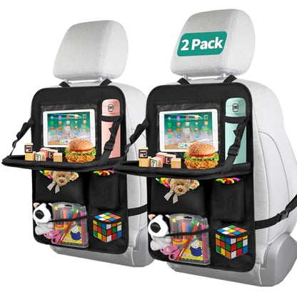 2 Pack Backseat Car Organizer with Touch Screen Tablet Holder, Upgraded Car Seat Organizer with Tray, 9 Storage Pockets with Foldable Food Tray, Protector Kick Mats for Kids, Travel Accessories-Black