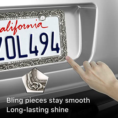 Valor Metal Car License Plate Frames,Antique Old Pattern Printing, Bling Crystal Rhinestones Inlaid,Universal 2 Holes Automotive Replacement Parts Plate Holder(2 Pack) - size: 2 Pack