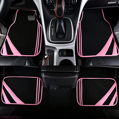 CAR PASS Pink Edge Faux Leather Car Floor Mats Universal Car Carpet Mats with Double Stitch Line Anti-Slip Backing Design, for Cute Girly Women, Fit 95% Automotive,SUVs,Sedan,Vans (Black and Pink) - color: Black and Pink