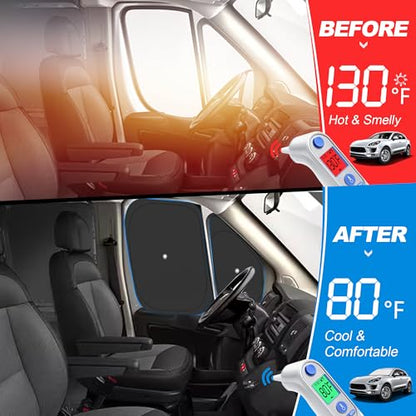 Front Windshield ＆ Side Window Sun Shade for 2014-2025 Dodge RAM ProMaster Full Size Cargo Van, Foldable Window Sunshade Sun Visor Protector, Window Shades Blocks UV Rays Heat, Pack of 5 - size: Silver & Black-Fit 2014-2025 Dodge RAM ProMaster