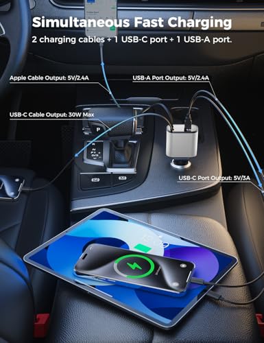 SUPERONE 【Upgraded】 Retractable Car Charger 4 in 1, Fast Car Phone Charger with Cord 2.6ft, USB C and Apple Car Charger Adapter, Compatible with iPhone 17/16/15/15 Pro Max/14/13/12/11, Galaxy, Pixel - color: Silver