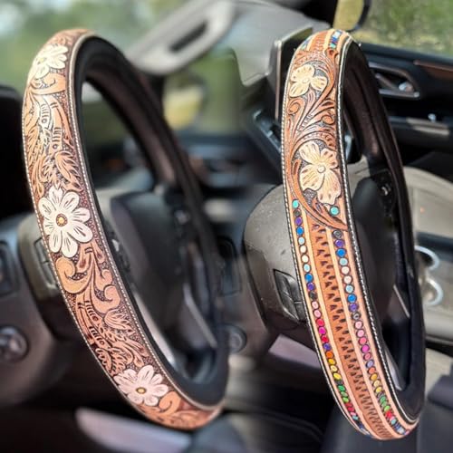 Western Cowboy Steering Wheel Cover Leather, Retro Car Tooled Leather Steering Wheel Cover, Embossed Hand-Painted Universal Anti-Slip - color: K Color