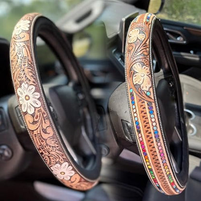 Western Cowboy Steering Wheel Cover Leather, Retro Car Tooled Leather Steering Wheel Cover, Embossed Hand-Painted Universal Anti-Slip - color: K Color