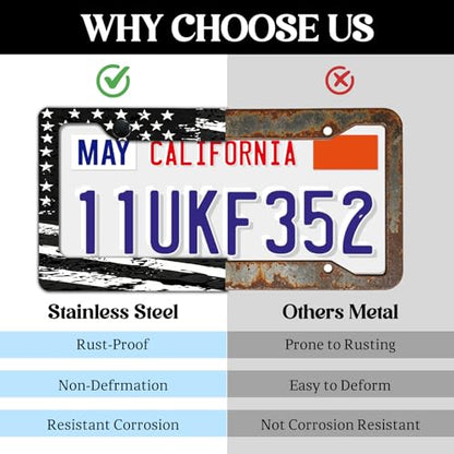 2 Pack License Plate Frames, American Flag License Plate Cover, Universal US Stainless Steel License Plate Holder with Screws for Women Men - color: Black & White