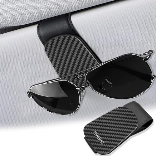 T-carbon Sunglass Holder for Car Sun Visor,Magnetic Leather Sunglasses Hanger,Carbon Fiber Sunglasses Holder and Ticket Card Clip, Car Visor Accessories,Matte Black - color: Matte Black
