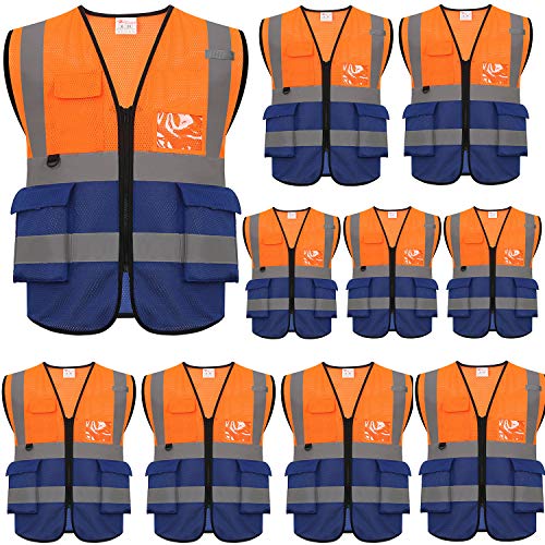 zojo High Visibility Safety Vests With Pockets, Pack of 10,Wholesale Reflective Vest for Outdoor Works, Cycling, Jogging, Walking,Sports - Fits for Men and Women(XL- Mesh-Mix Orange & Blue) - color: 10pcs-xl- Mesh-mix Orange & Blue, size: Large-X-Large