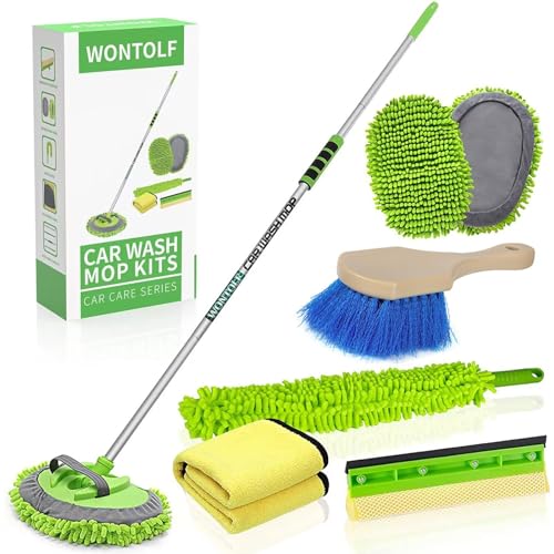 Wontolf 62'' Car Wash Brush with Long Handle Chenille Microfiber Car Wash Mop Mitt Kit Car Detailing Brush Cleaning Kit Window Squeegee Car Duster Drying Towels Tire Brush for Cars RV Truck Boat - color: Green