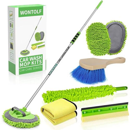 Wontolf 62'' Car Wash Brush with Long Handle Chenille Microfiber Car Wash Mop Mitt Kit Car Detailing Brush Cleaning Kit Window Squeegee Car Duster Drying Towels Tire Brush for Cars RV Truck Boat - color: Green