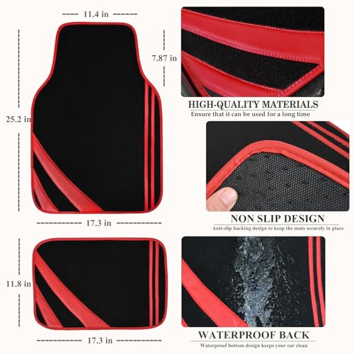 CAR PASS Red Edge Leather Car Floor Mats, Universal Waterproof Car Mats with Double Stitch Line and Anti-Slip Backing Design, for Cute Girly Women, Fit 95% Automotive,SUVs,Sedan,Vans (Black and Red) - color: Black and Red