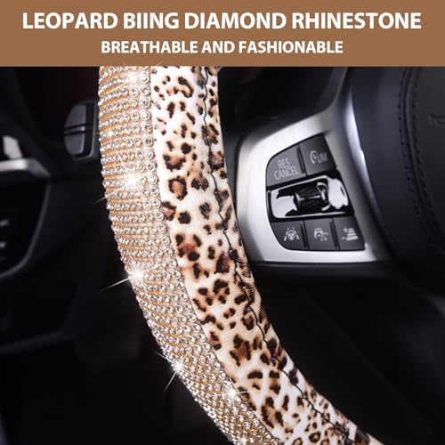 AUTOYOUTH Leopard Print Steering Wheel Cover - Bling Crystal Rhinestones Cheetah Print on PVC Leather Non-Slip Breathable Design for Women/Girls Universal Fit 14.5-15 Inch - color: GOLD