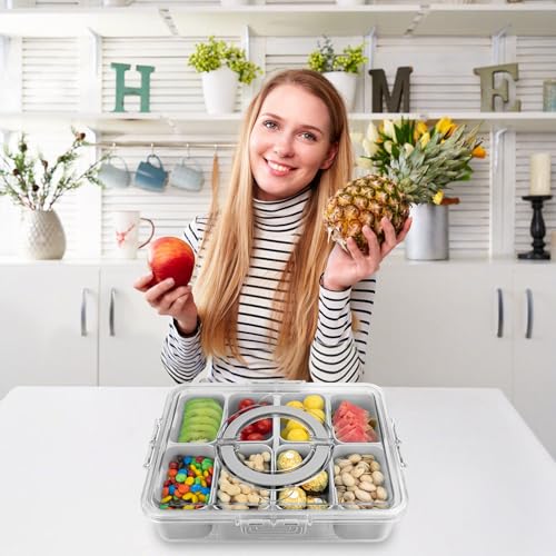 Divided Serving Tray with Lid and Handle,8 Compartments Snacks Box,Snack Fruit and Veggie Tray,Portable Platter for Candy Fruits Nuts Snack Party Entertaining Picnic (2 PCS Grey) - color: 2pcs-serving-tray-grey