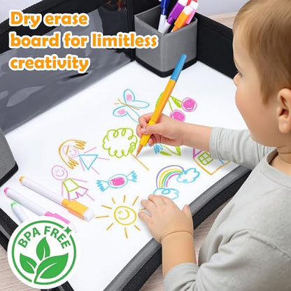 Kids Travel Tray for Toddler Carseat, Road Trip Activities Essentials for Toddler, Kids Lap Desk Tray with Tablet Holder Stand ＆ Dry Erase Board (Grey) - color: Grey