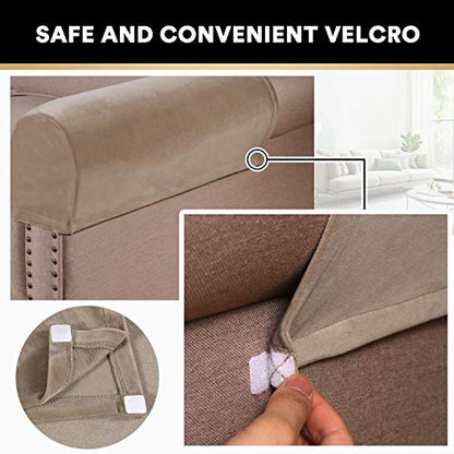 PrinceDeco 4 Pack Thick Velvet Stretch Armrest Covers for Chairs and Sofas - Non Slip, Taupe - color: Taupe