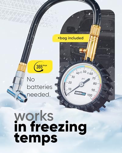 Tire Pressure Gauge 100 PSI - Large Dial Numbers & 45° Angle Chuck, Accurate Air Pressure Gauge for Tires