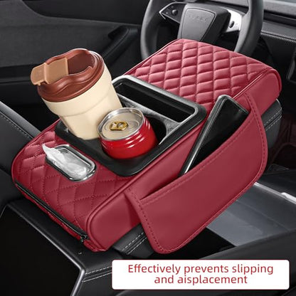 5 in 1 Car Center Console Cover, Armrest Pad with 2 Storage Pockets, Cup Holder, Tissue Box Slot, Phone Holder, Universal Car Interior Organizer (Burgundy) - color: Burgundy