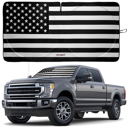 Autopect Windshield Sun Shade - American Flag Design, High-Resolution Sun Visor for Car, Truck, SUV with Mirror Cut-Out for Interior Sun Protection, Foldable Car Sun Shade (Black and White, X-Large) - color: USA B&W FLAG, size: X-Large