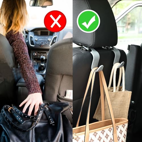 Car Seat Headrest Hooks Vehicle Storage Organizer for Purses Handbags Groceries Coats – Holds 55 lbs 360° Rotating Checkered Pattern Design 4 Pack (Gray Checkered) - color: Gray Checkered
