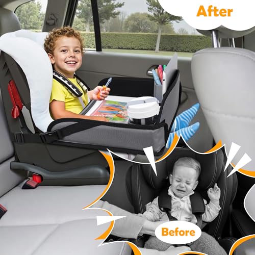 Kids Travel Tray for Toddler Carseat, Road Trip Activities Essentials for Toddler, Kids Lap Desk Tray with Tablet Holder Stand ＆ Dry Erase Board (Grey) - color: Grey