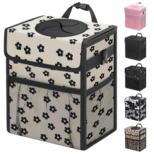 Capolo Car Trash Can with Lid, Leakproof Car Trash Bag Hanging Waterproof Automotive Garbage Can with Storage Pockets Mini Vehicle Trash Bin for Back/Front Seat(Black Flower,2.5 Gallon) - color: Black Flower, size: 2.5 Gallons