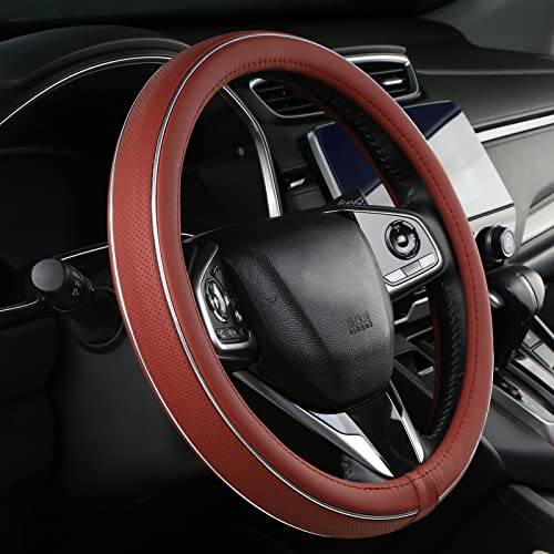 ALEMODR Claret Leather Steering Wheel Cover Fiber Strip Car Steering Wheel Cover Universal 15 inch for Women Girls - color: Claret