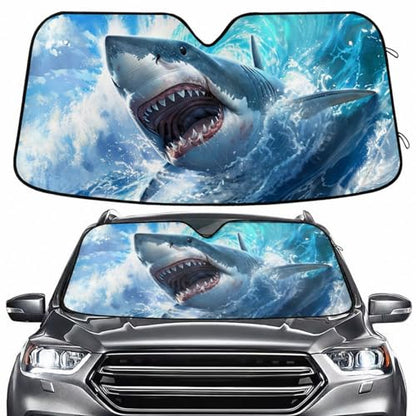 Windshield Sun Shade Cute Shark Blue Ocean Wave Front Window Block UV Shades Visor Reflective Retractable for Car SUV Trucks - color: F005