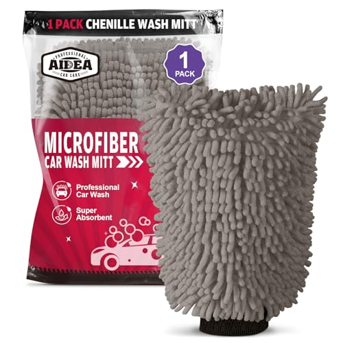 AIDEA Car Wash Mitt Microfiber, 1PK Scratch Free Lint-Free, Premium Chenille Microfiber Sponge Mitt Car Wash Brush, Grey, Regular Size 7.12''X10.14'' - color: Grey, size: 1PK