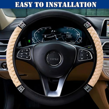 Soft Leather Car Steering Wheel Cover, Universal 15 Inch Colorful Rhinestones Anti-Slip Elastic Steering Wheel Covers for Most Cars, Sparkly Crystal Diamond for Women Girls (Beige) - color: Beige