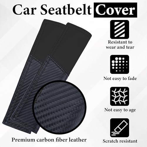 ecocstm 2 PCS Car Seat Belt Cover Pad, Carbon Fiber Safety Seatbelt Shoulder Strap Covers, Breathable Leather Soft Harness Pad, Interior Car Accessories, Universal for SUV, Truck, RV (Black - color: Black