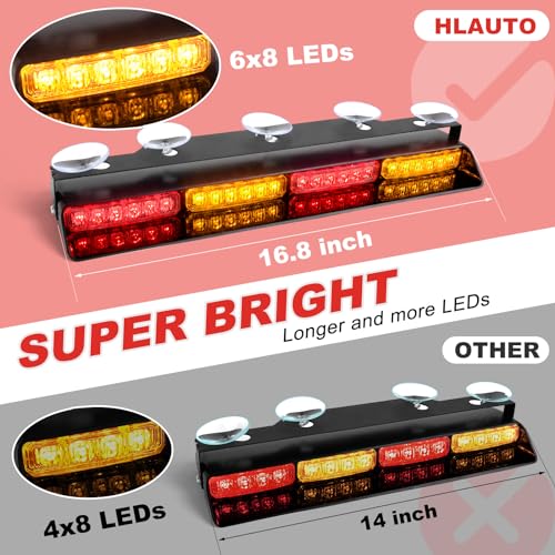 HLauto 604N Emergency Dash Strobe Lights: 2x16.8 inch Amber Red Security Light w/Take Down, 48 LED Safety Flashing Warning Hazard Interior Windshield Light Bar for Trucks Vehicles - color: #04 Amber / Red