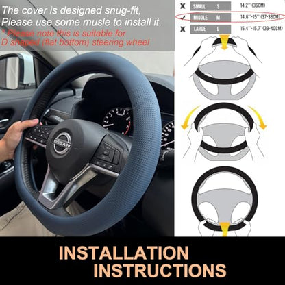 PINCTROT D Shaped Nappa Leather Steering Wheel Cover, Slim Fit No Bulk Design, One Piece Leather with Breathable Perforation, Fit Like Gloves, Flat Bottom 14.5-15 Inch(Nappa Smoky Blue) - color: 03.Smoky Blue, size: D Shaped/Flat Bottom[14 1/2''-15'']