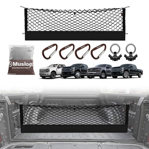 Muslogy Truck Bed Cargo Net Trunk Netting Compatible with 2015+ Ford F150 & 2017+ F250/F350/F450 (Snap-in Tie Down) Accessories, Pickup Cargo Organizer SUV Sedan Storage Net w/Heavy Duty Carabiners - style: 2015+ F150 & 2017+ F2/3/450(Snap-In Tie Down)