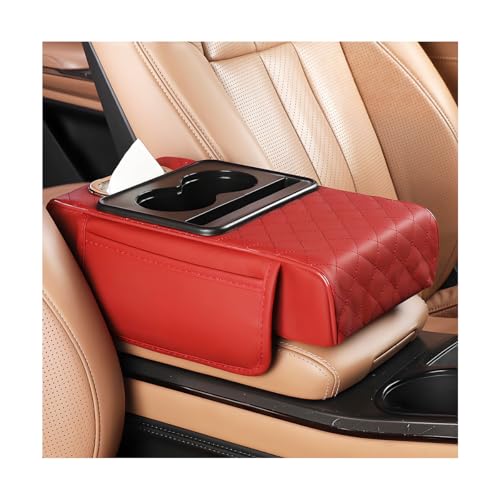 Car Armrest Cushion, 5-in-1 Nappa Leather Vehicle Centre Console Cover with 2 Storage Pockets, Cup Phone & Phone Holder, Multifunctional Auto Organiser Accessories, Universal Fit (Wine Red) - color: Wine Red