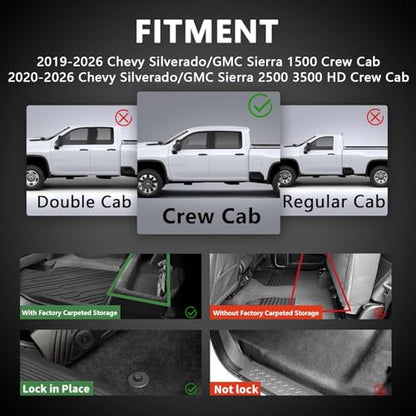 All Weather Floor Mat for 2019-2026 Chevy Silverado/GMC Sierra 1500 Crew Cab 2020-2026 SLV/SRA 2500 3500 HD Crew Cab with Factory Carpeted Storage,TPE Car Mat Full Set 1st & 2nd Row All Weather - size: Chevy, style: 19-26 Chevy Silverado