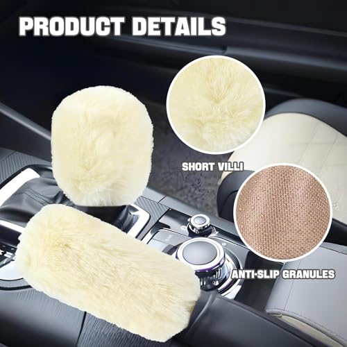 Hovom 2PCS Fluffy Car Gear Shift Knob Cover & Handbrake Cover, Soft Plush Hand Brake Handle & Gear Shift Cover for Women Girls, Universal Comfortable Warm Furry Car Accessories (Beige) - color: Beige