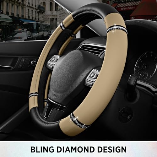 Road Comfort Leather Steering Wheel Cover – Premium Anti-Slip Car Steering Wheel Grip Cover – Universal Fit for 14.5”–15” Cars, Trucks & SUVs - Beige - color: Beige