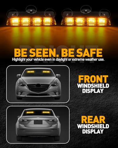 HLauto 2002L Emergency Dash Strobe Lights: Amber Safety Lights, Flashing Warning Hazard Windshield Visor Traffic Light Bars for Trucks, Construction Vehicles (2x8.5 inch, 48LED) - color: Amber