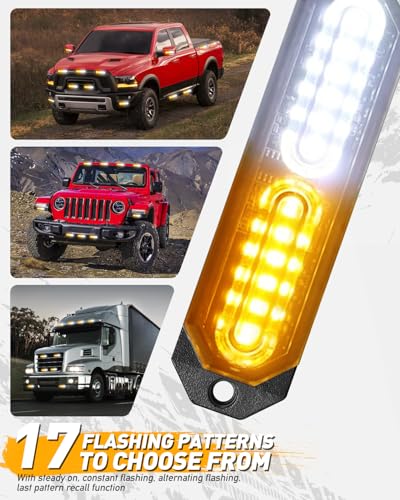 HLauto 1200T Emergency Strobe Grille Lights: 8pcs 12 LED Sync Feature Safety Warning Flashing Lights, Ultra Slim Surface Mount Hazard Caution Light for Trucks, Vehicles, Car, ATV, UTV (Amber White) - color: Amber/White