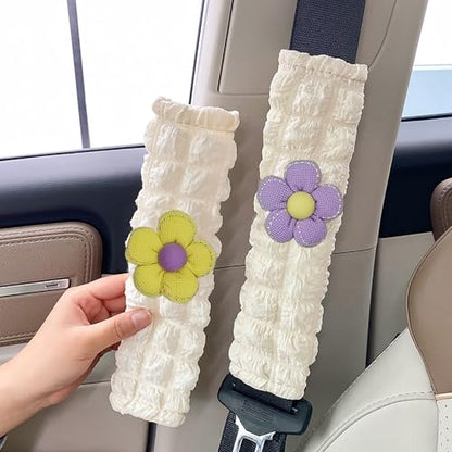 Car Seat Belt Cover Pad, 2 Pack Flower Car Accessorie Seatbelt Covers Cushion Neck Shoulder Strap Protector Universal Seat Belt Cover for Adults and Kids (Purple and Yellow) - color: Purple and Yellow