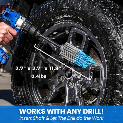 Long Reach Drill Brush Attachment, All Purpose for Car Tires, Wheels, Wheel Wells, Engine Bays, Exhaust Pipes, Running Boards, Hard to Reach Areas, with Heavy Duty Non-Scratch Nylon Bristles - color: Blue/Gray, size: Long Reach - 2 Piece Set
