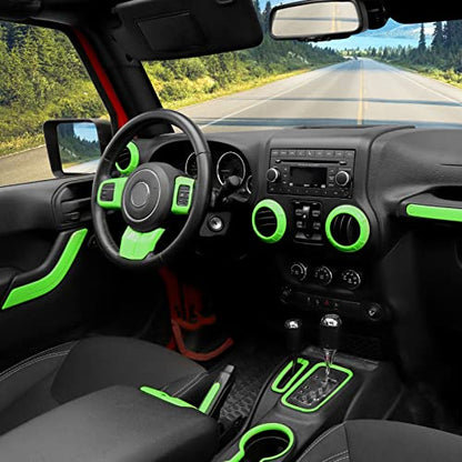 CheroCar 18PCS Interior Trim Kit for Jeep Wrangler JK JKU 2011-2018 4 Door,Steering Button Frame, Air Conditioning Vent Trim Cup Holder Cover,Gear Shift Knobs Frame,Light Green… - color: Light Green