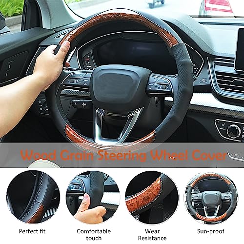 Wood Grain Steering Wheel Cover Car Steering Wheel Covers 14.5-15 inch with Coasters Microfiber Leather Splicing Breathable Anti-Slip Durable Universal Auto Steering Wheel Protective - color: wood grain