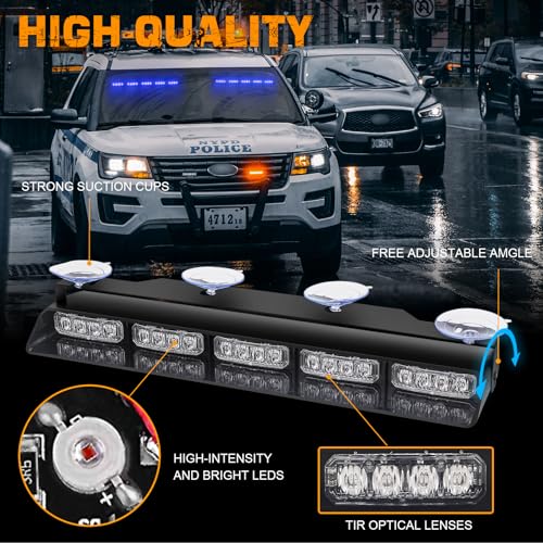 XRIDONSEN 2x 17 inch Blue Emergency Lights Bar 40 LED Dash Strobe Lights Interior Front/Rear Windshield Lights Safety Flashing Warning Hazard Light for Ambulance Firefighter Police Vehicles Trucks Car - color: Blue